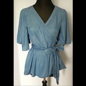 LOFT Denim Tie Peplum Top Size S NWOT